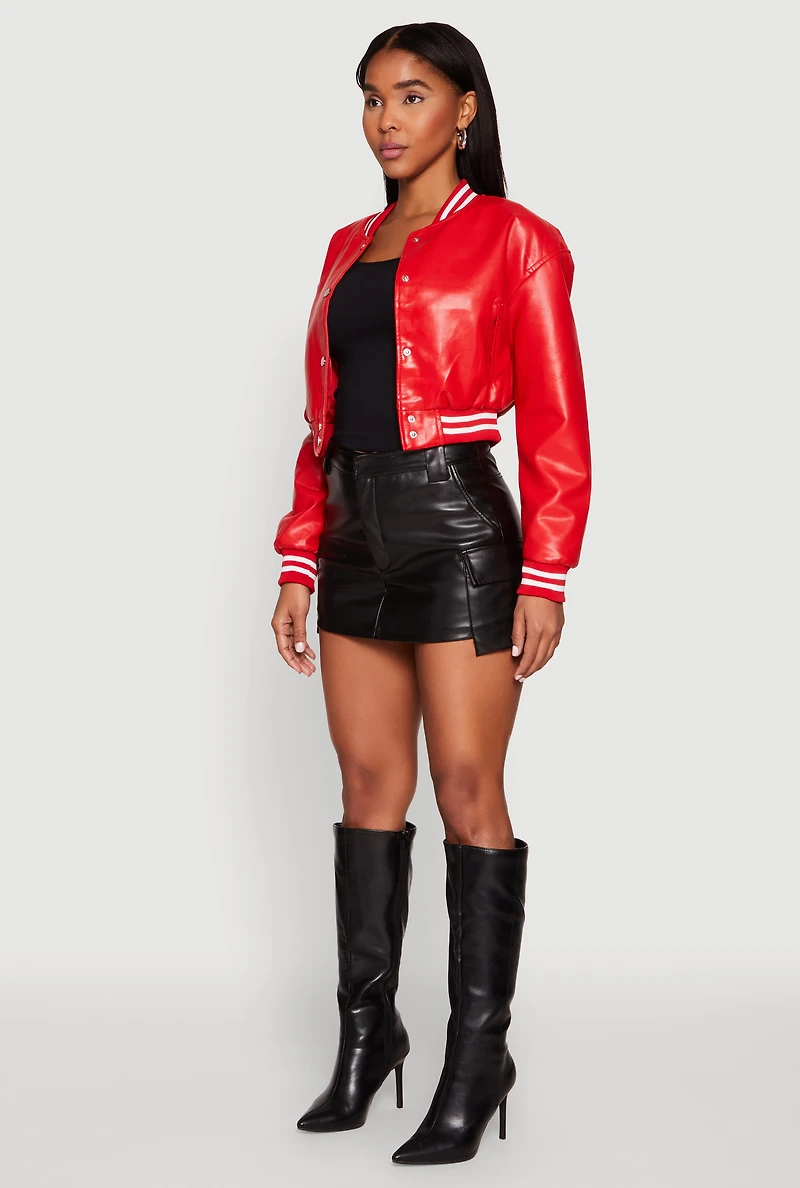 Womens Daisy Faux Leather Cropped Bomber Jacket, Red, Size S