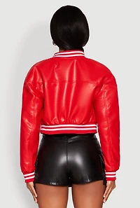 Womens Daisy Faux Leather Cropped Bomber Jacket, Red, Size S