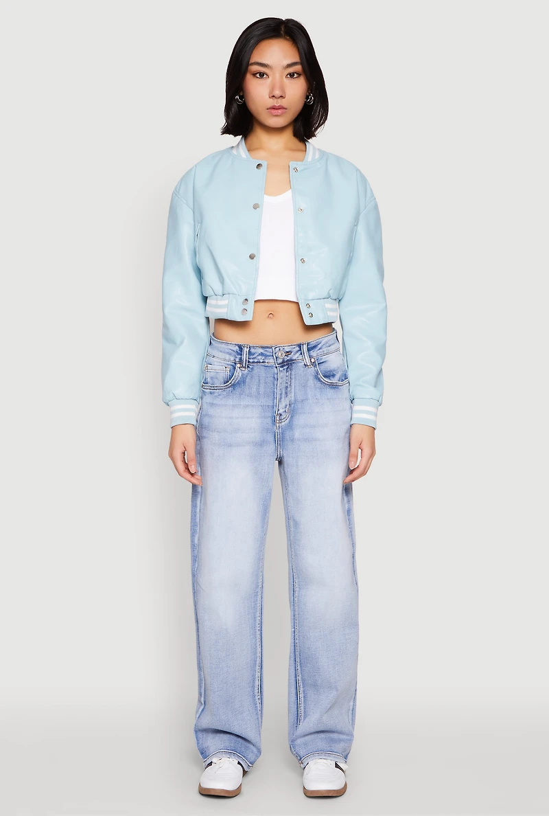 Womens Daisy Faux Leather Cropped Bomber Jacket, Blue,