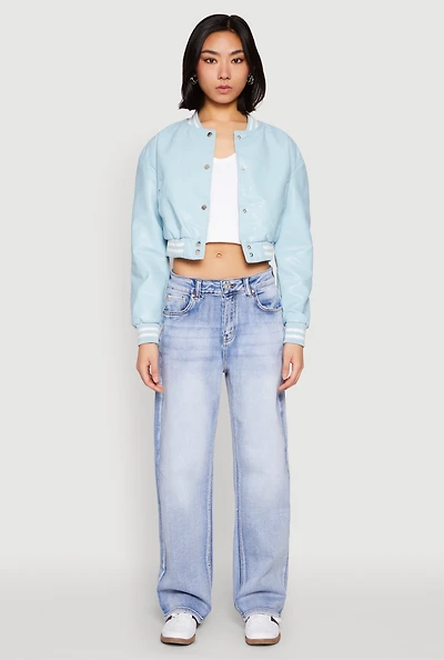 Womens Daisy Faux Leather Cropped Bomber Jacket, Blue,