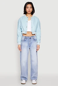 Womens Daisy Faux Leather Cropped Bomber Jacket, Blue,