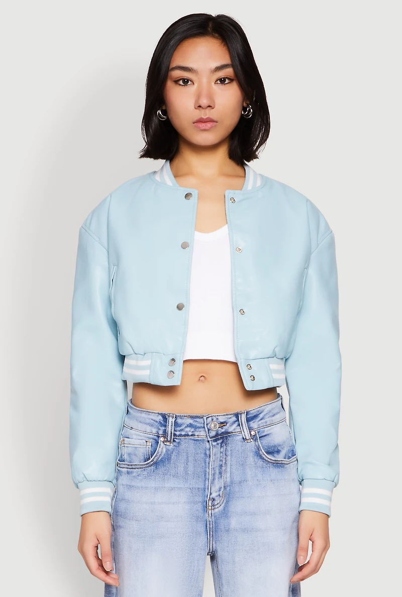 Womens Daisy Faux Leather Cropped Bomber Jacket, Blue,