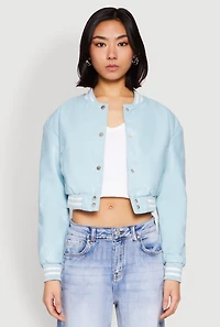 Womens Daisy Faux Leather Cropped Bomber Jacket, Blue,