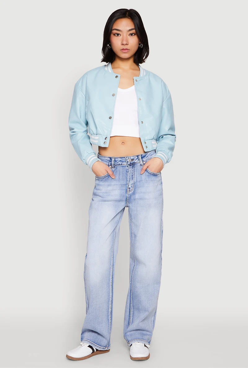 Womens Daisy Faux Leather Cropped Bomber Jacket, Blue, Size M