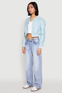 Womens Daisy Faux Leather Cropped Bomber Jacket, Blue,