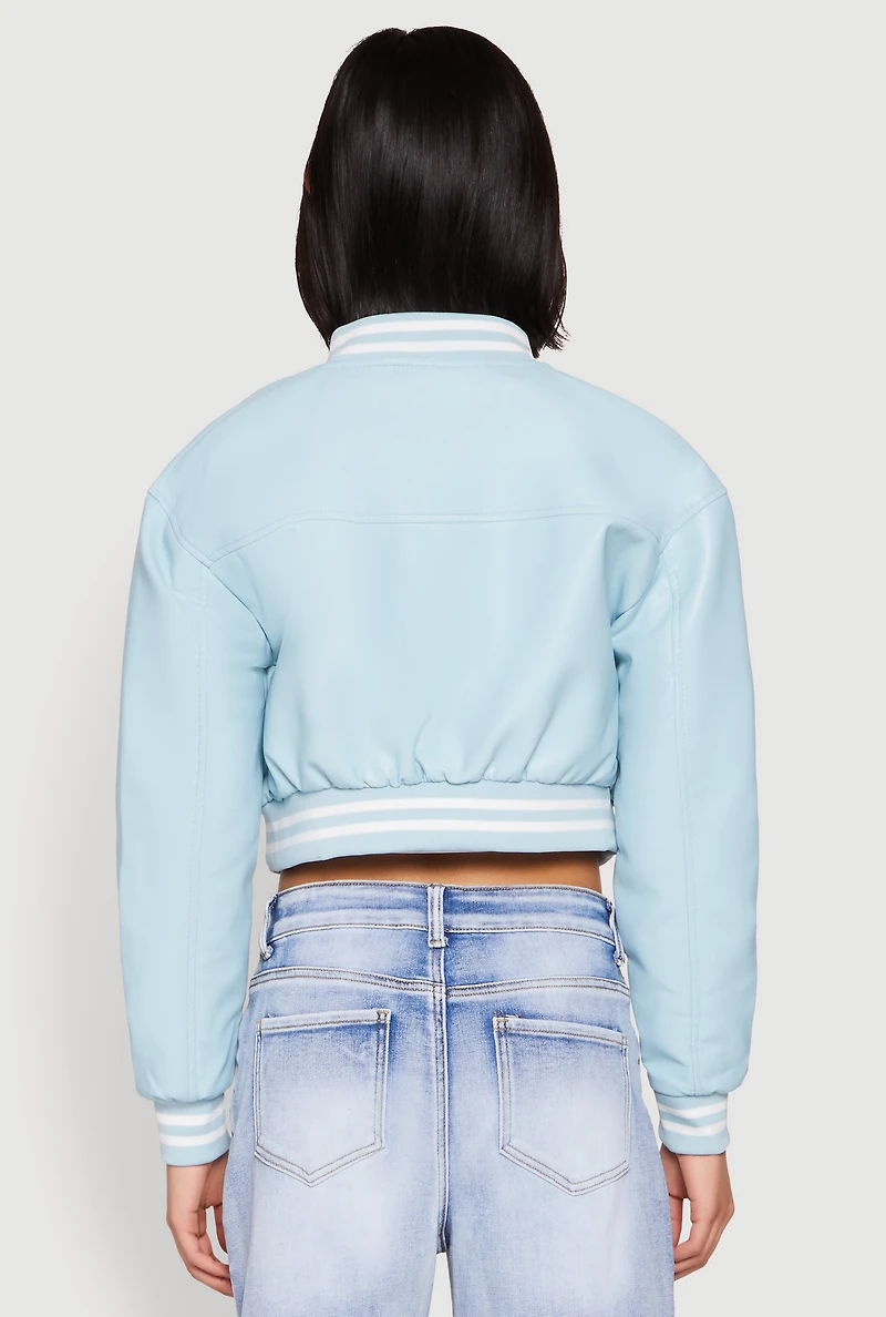 Womens Daisy Faux Leather Cropped Bomber Jacket, Blue,
