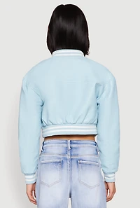 Womens Daisy Faux Leather Cropped Bomber Jacket, Blue,