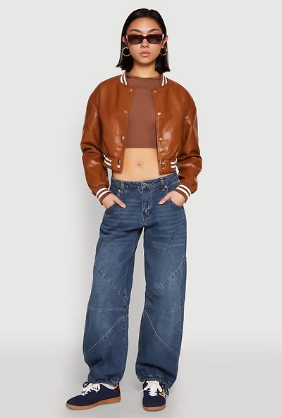 Womens Daisy Faux Leather Cropped Bomber Jacket,