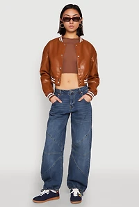 Daisy Faux Leather Cropped Bomber Jacket