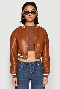 Daisy Faux Leather Cropped Bomber Jacket