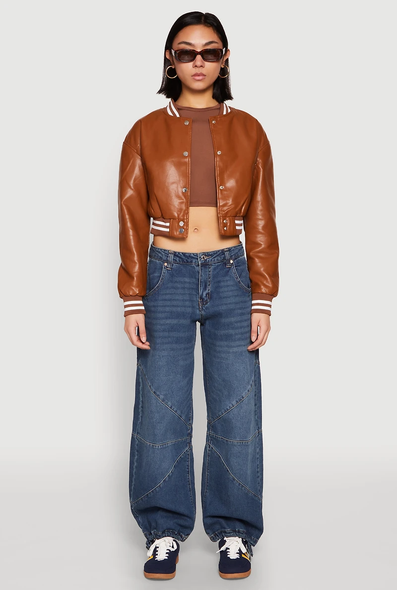 Daisy Faux Leather Cropped Bomber Jacket