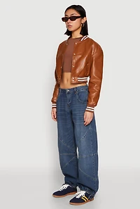 Daisy Faux Leather Cropped Bomber Jacket