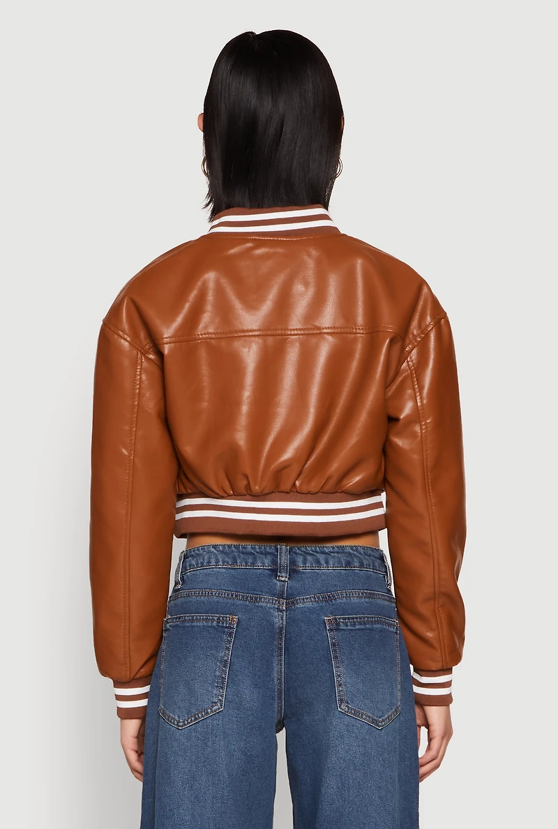 Daisy Faux Leather Cropped Bomber Jacket