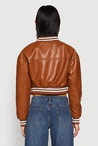 Daisy Faux Leather Cropped Bomber Jacket