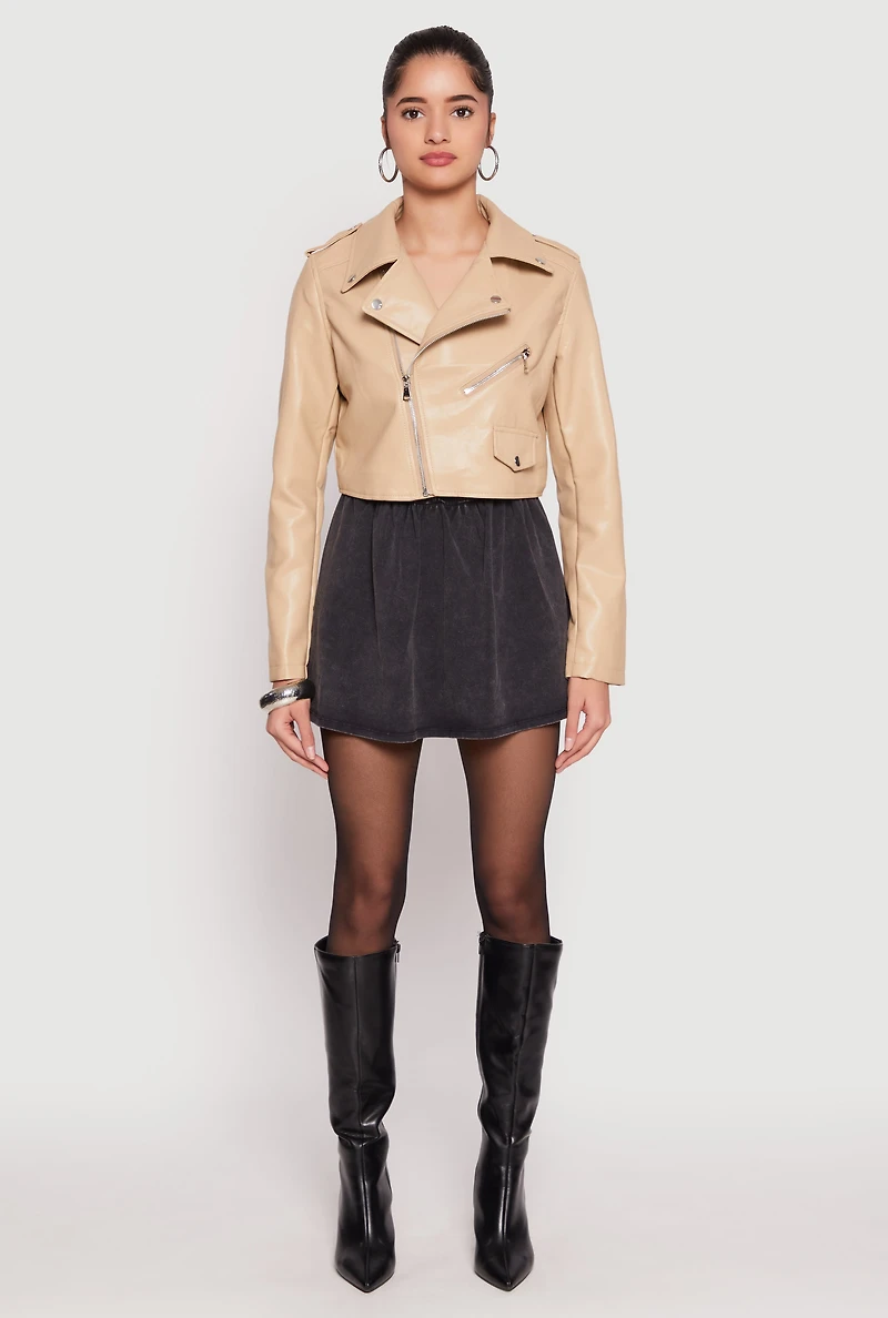 Womens Daisy Faux Leather Cropped Moto Jacket, S
