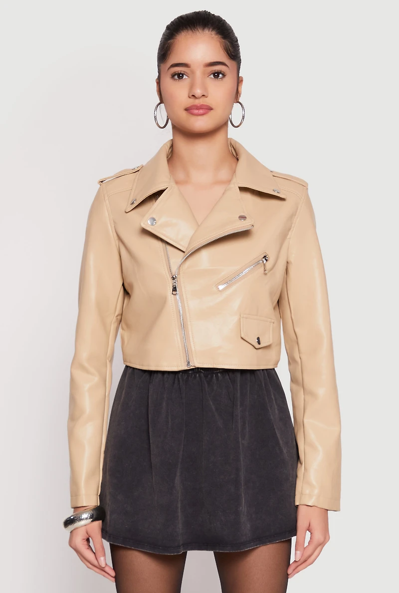 Womens Daisy Faux Leather Cropped Moto Jacket, Beige, Size M
