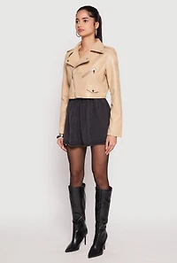 Womens Daisy Faux Leather Cropped Moto Jacket,