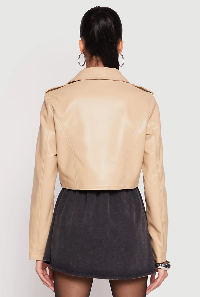 Womens Daisy Faux Leather Cropped Moto Jacket, Beige, Size M