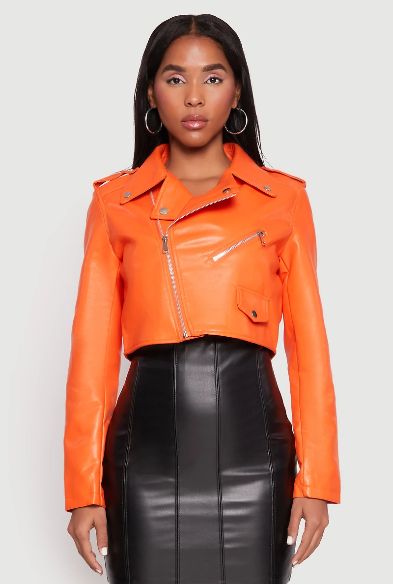 Womens Daisy Faux Leather Cropped Moto Jacket, Orange, Size S