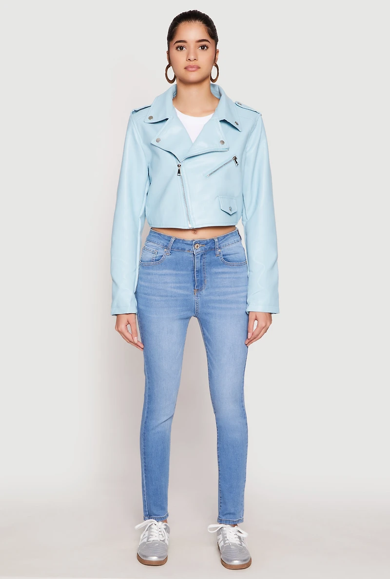 Womens Daisy Faux Leather Cropped Moto Jacket,