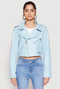 Womens Daisy Faux Leather Cropped Moto Jacket,