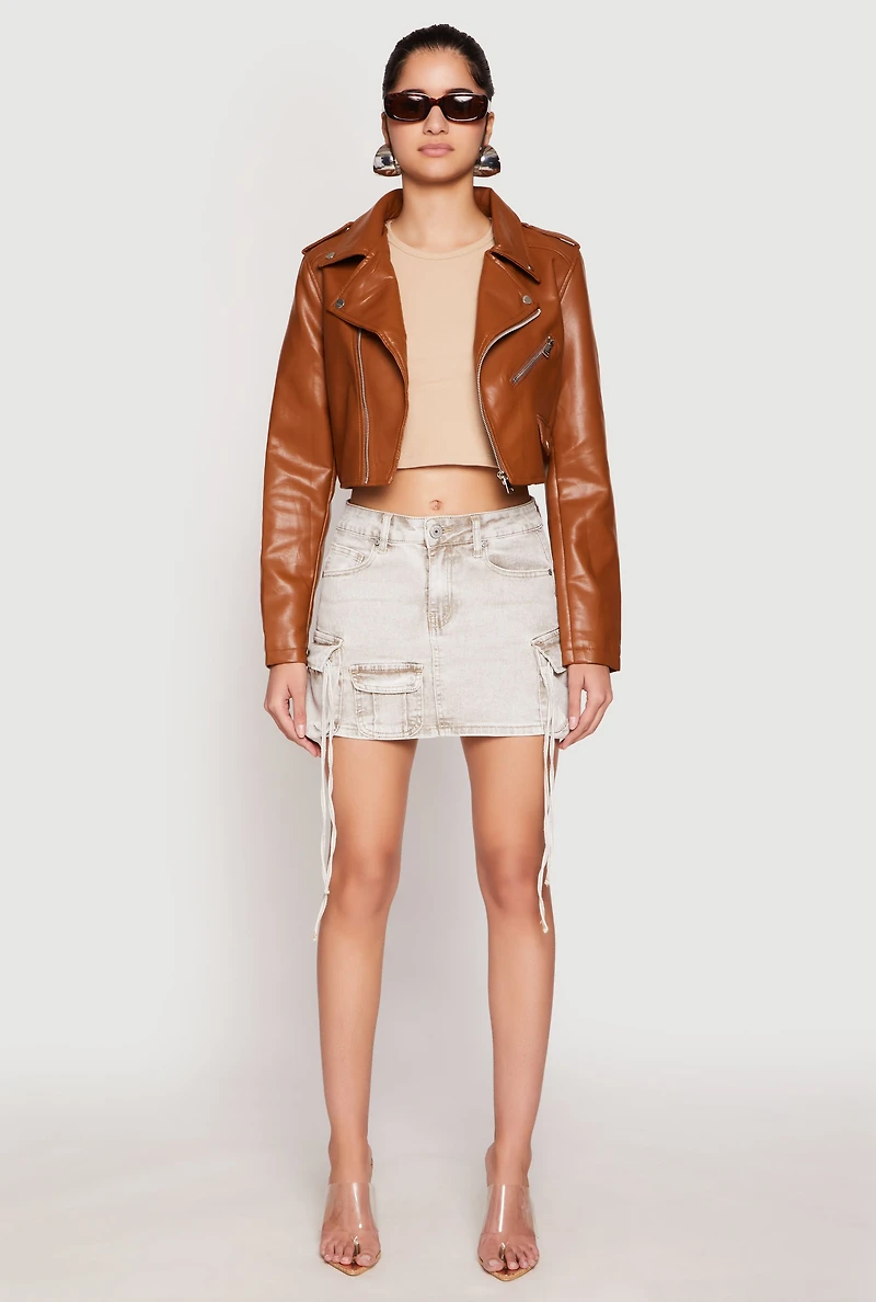 Womens Daisy Faux Leather Cropped Moto Jacket,