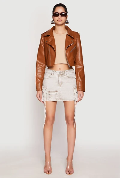 Womens Daisy Faux Leather Cropped Moto Jacket, S