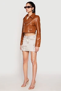 Womens Daisy Faux Leather Cropped Moto Jacket,