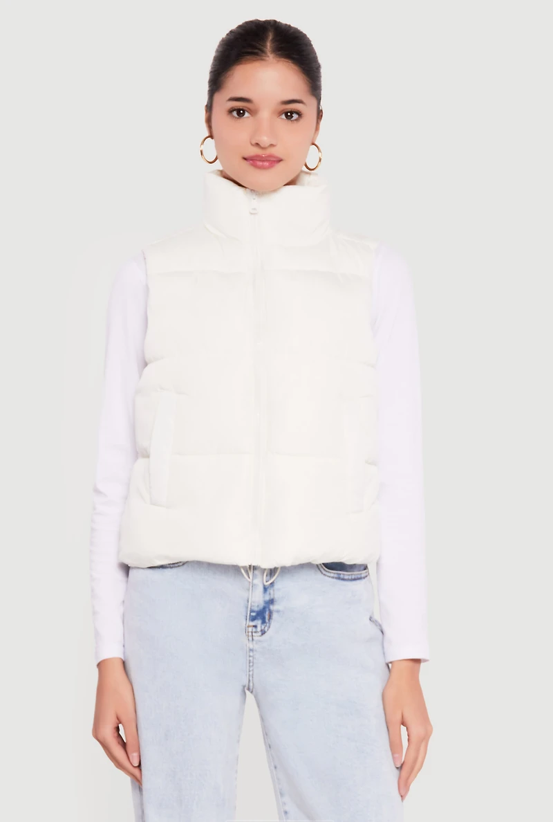 Almost Famous Solid Mock Neck Zip Front Puffer Vest