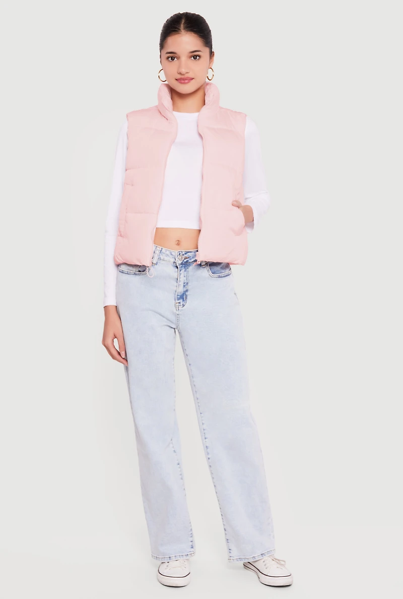 Almost Famous Solid Mock Neck Zip Front Puffer Vest