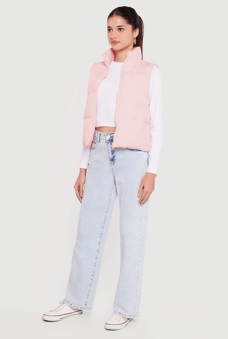 Almost Famous Solid Mock Neck Zip Front Puffer Vest