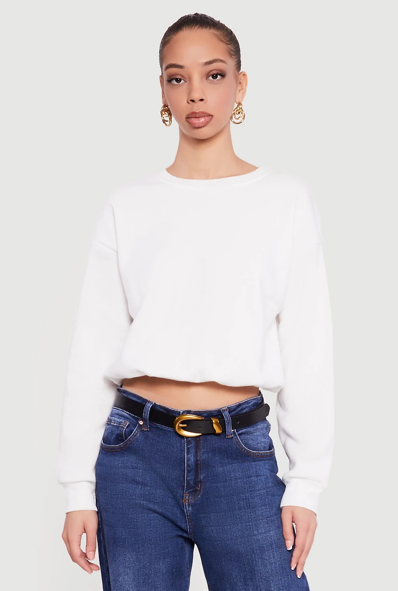 Long Sleeve Crew Neck Bubble Hem Cropped Sweatshirt