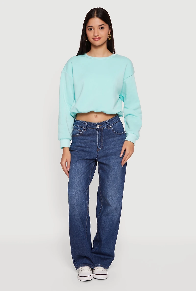 Long Sleeve Crew Neck Bubble Hem Cropped Sweatshirt