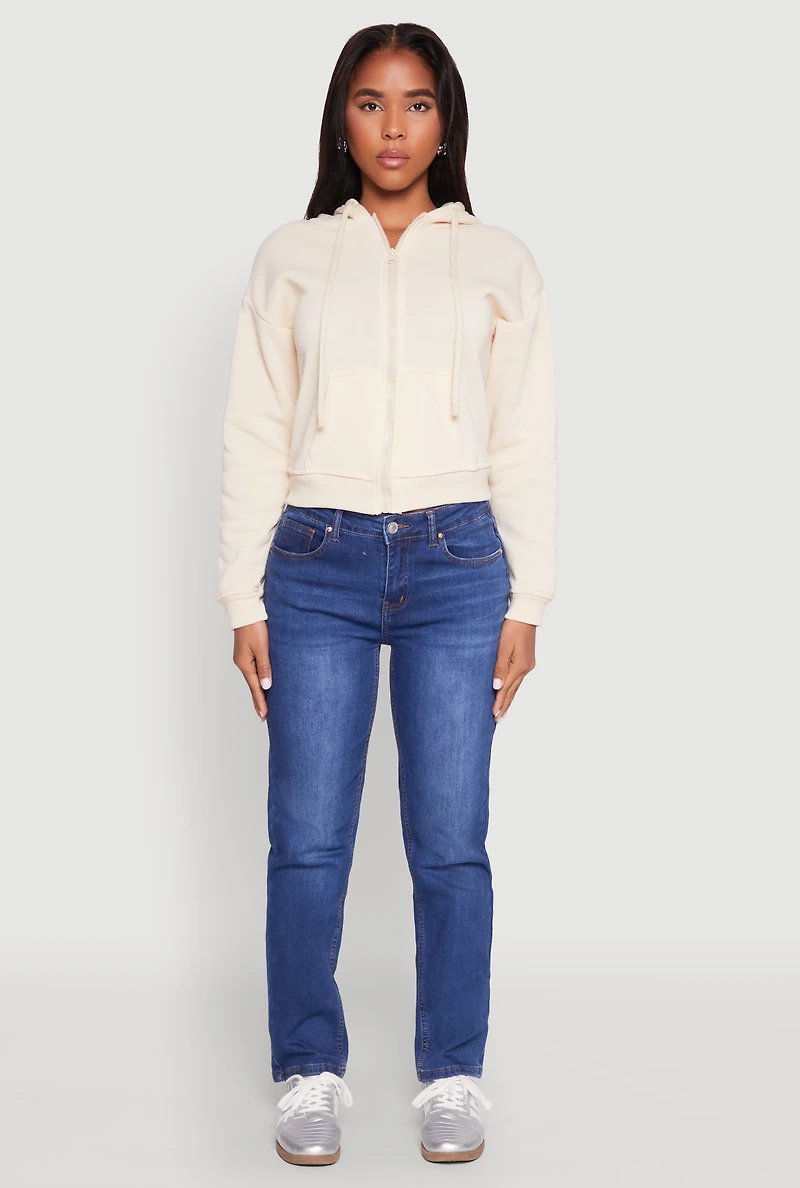 Womens Fleece Lined Zip Front Hoodie, Beige, Size L