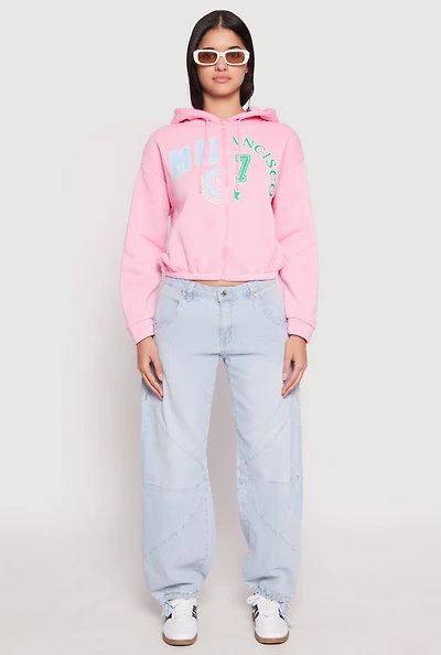 Womens Destination Graphic Cropped Hooded Sweatshirt, Pink, Size M