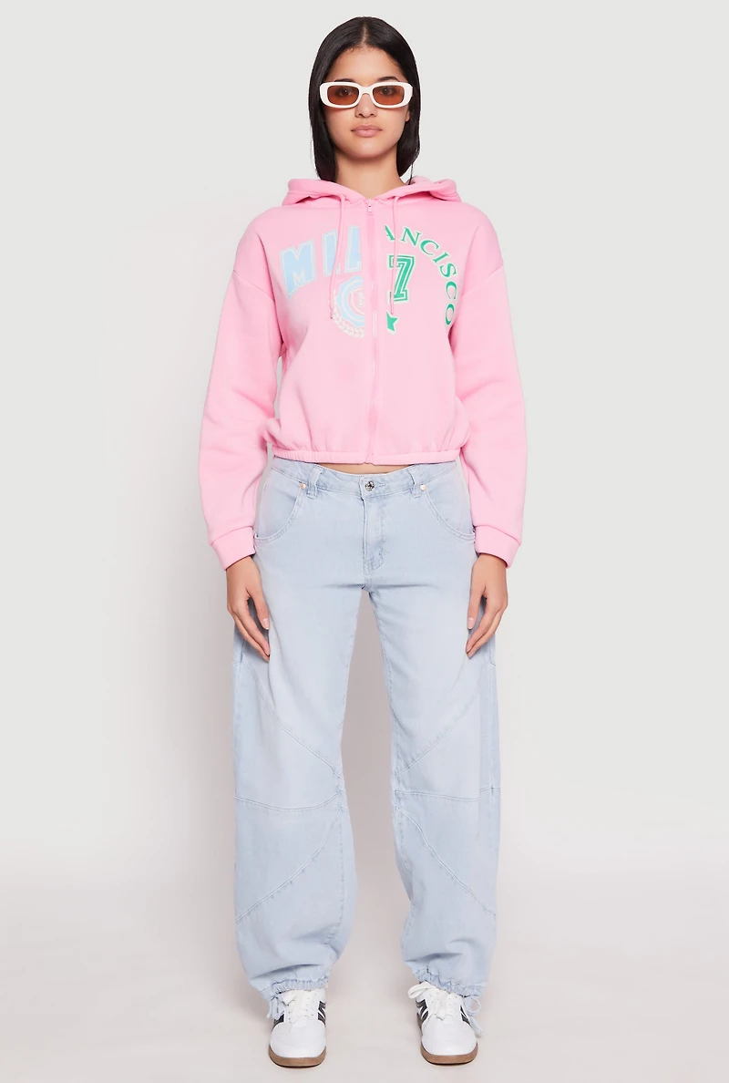 Womens Destination Graphic Cropped Hooded Sweatshirt, Pink, Size XL