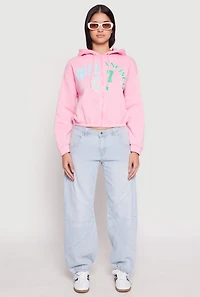 Womens Destination Graphic Cropped Hooded Sweatshirt, Pink, Size XL