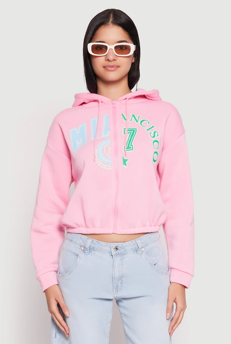 Womens Destination Graphic Cropped Hooded Sweatshirt, Pink, Size XL