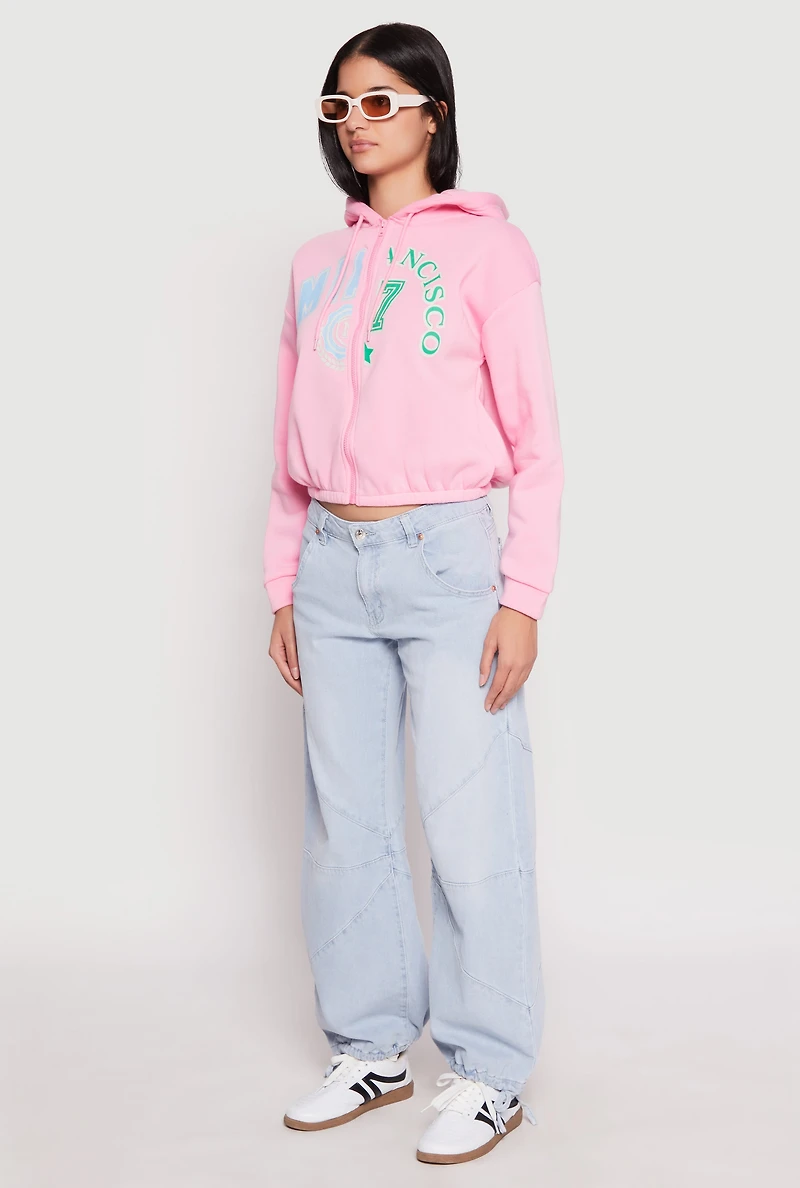 Womens Destination Graphic Cropped Hooded Sweatshirt, Pink, Size XL