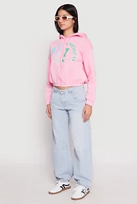 Womens Destination Graphic Cropped Hooded Sweatshirt, Pink, Size XL