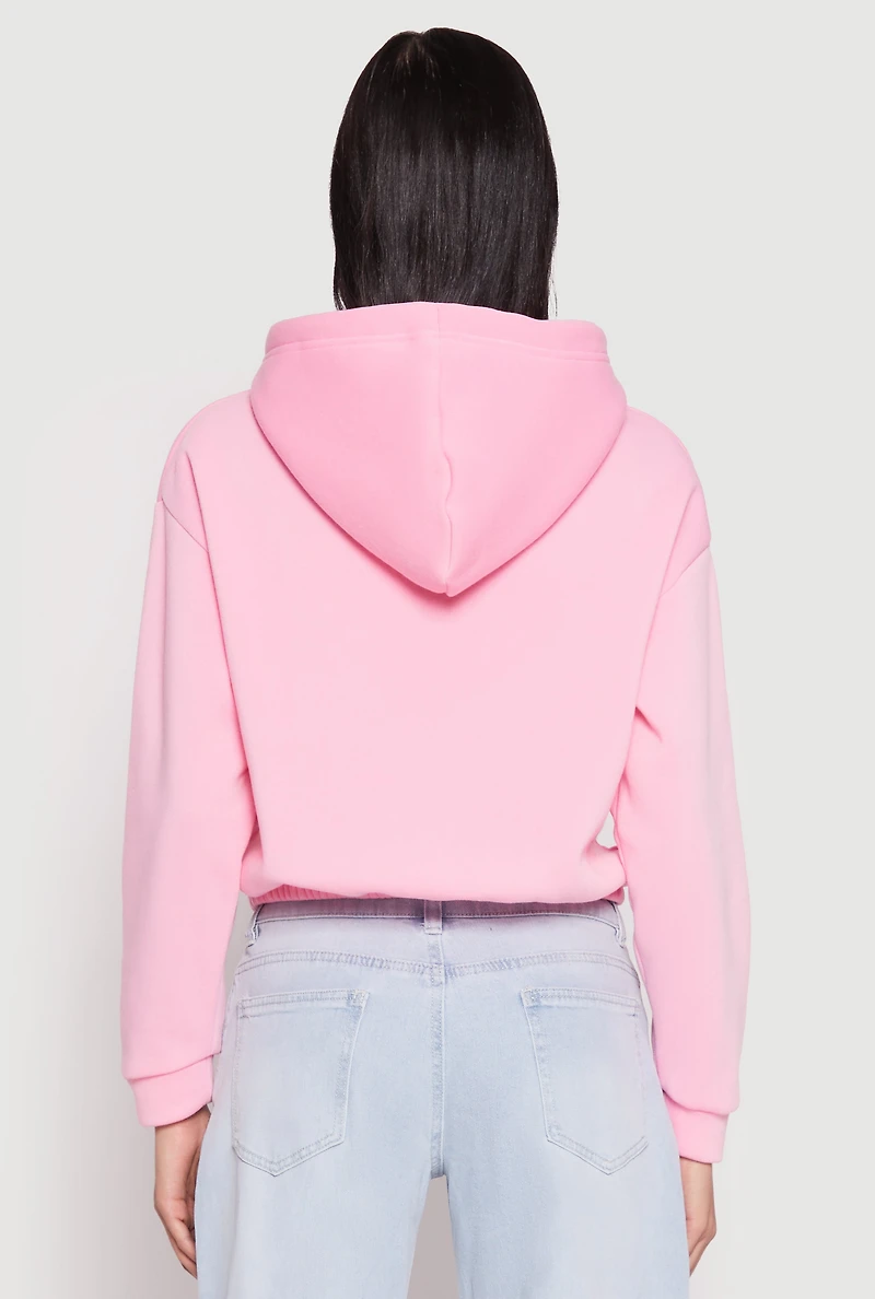 Womens Destination Graphic Cropped Hooded Sweatshirt, Pink, Size XL