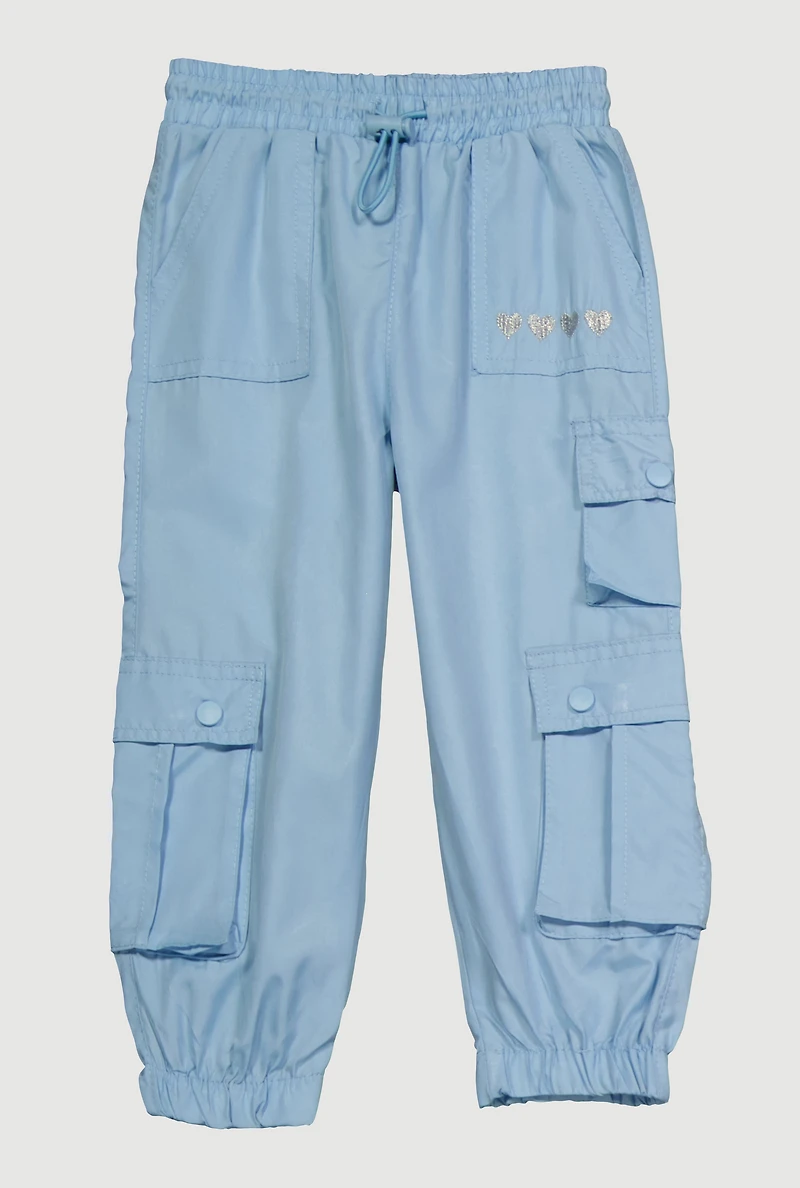 Toddler Girls Heart Detail Cargo Joggers, Blue, Size 4T