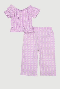 Toddler Girls Sunflower Print Top and Wide Leg Pants, Purple, Size 4T