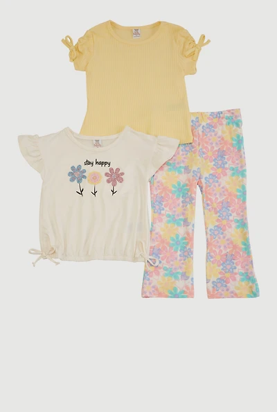 Toddler Girls Stay Happy Graphic Tees and Pants 3 Piece Set