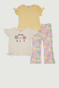 Toddler Girls Stay Happy Graphic Tees and Pants 3 Piece Set