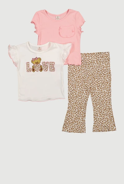 Toddler Girls Love Bear Ribbed Knit Tops with Leopard Print Pants