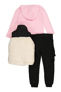 Toddler Girls Love Hooded Top with Sherpa Vest and Joggers, Multi, Size 2T
