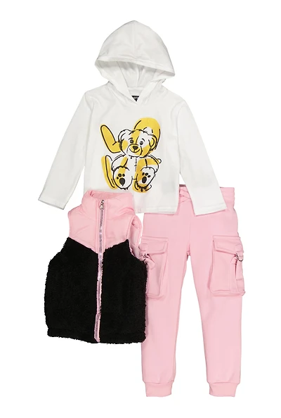 Toddler Girls Love Hooded Top with Sherpa Vest and Joggers