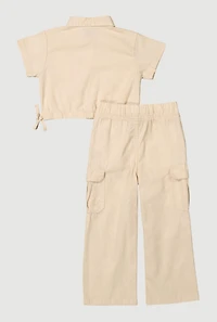 Toddler Girls Button Front Shirt and Cargo Pants, Beige, Size 3T