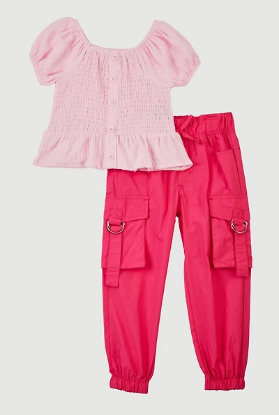 Toddler Girls Smocked Puff Sleeve Blouse and Joggers